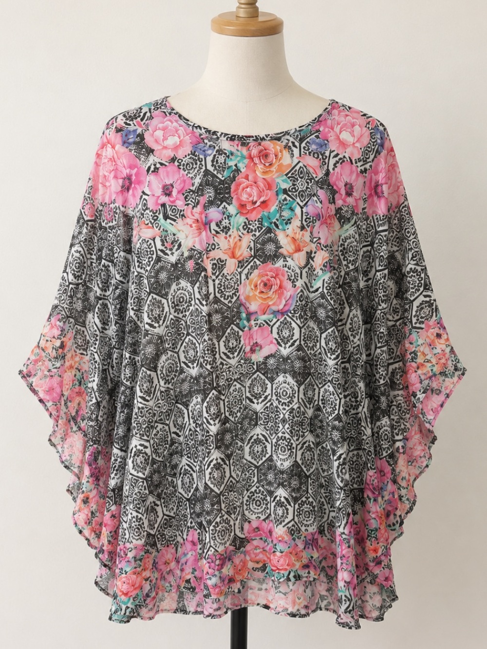 Tolani Collection Floral Boho Tunic Top Pink Roses Mixed Print XL Petite